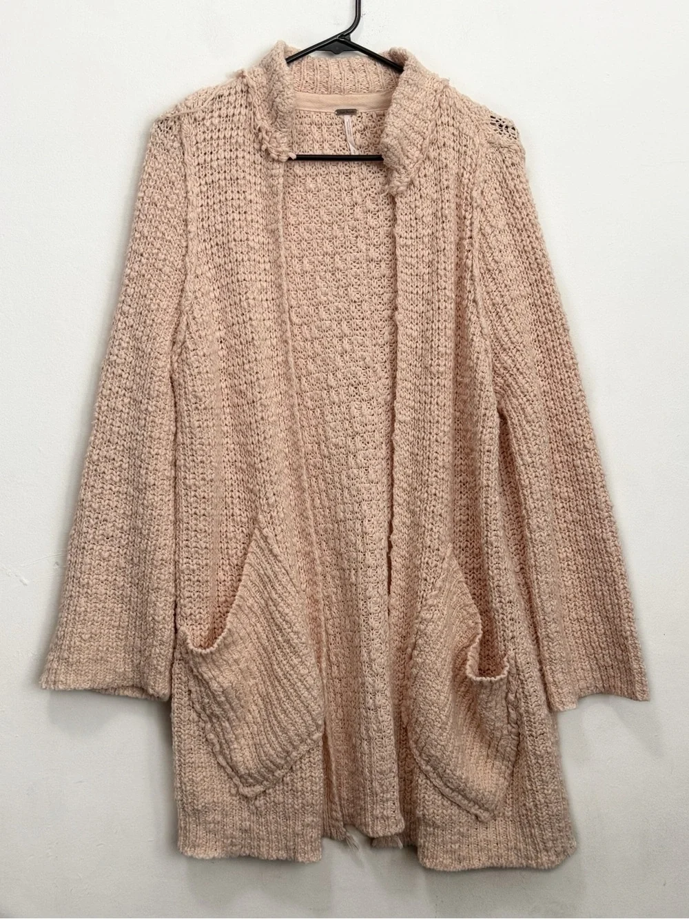 Free People Waterfront Cardigan Open Front Chunky Knit Cozy, Peach Fuzz size S
